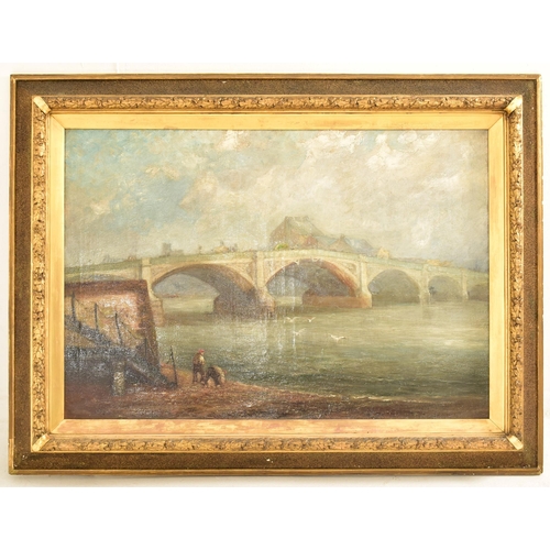 577 - A framed English School 19th century oil on canvas landscape painting of possibly the London Bridge ... 