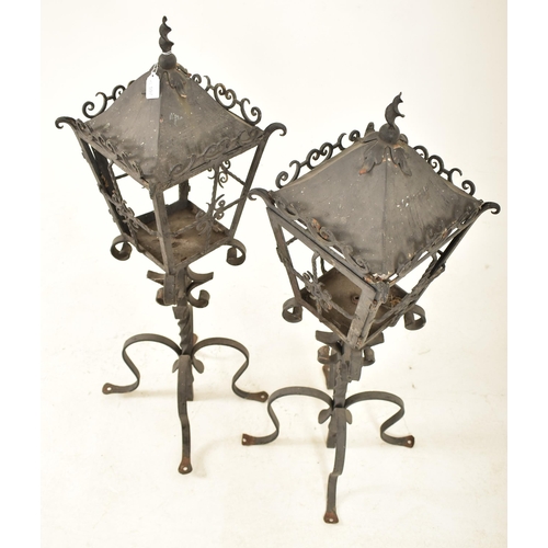 597 - A pair of late 19th century painted wrought iron castle / stately home wall corner pedestal lantern ... 