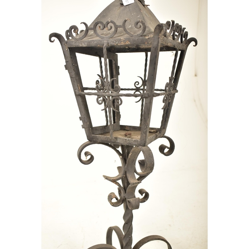 597 - A pair of late 19th century painted wrought iron castle / stately home wall corner pedestal lantern ... 