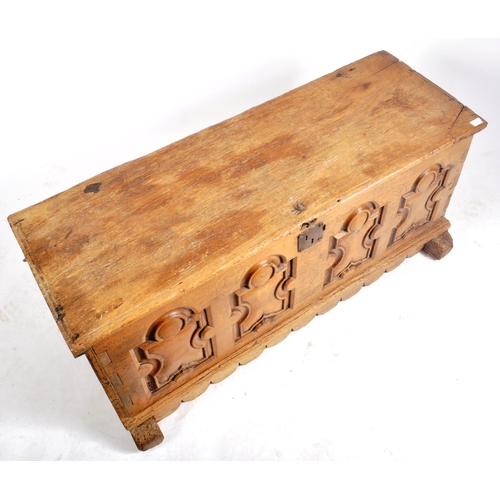 598 - A 17th century Spanish continental elm coffer blanket box chest. The trunk having hoop & clasp hinge... 