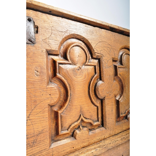 598 - A 17th century Spanish continental elm coffer blanket box chest. The trunk having hoop & clasp hinge... 