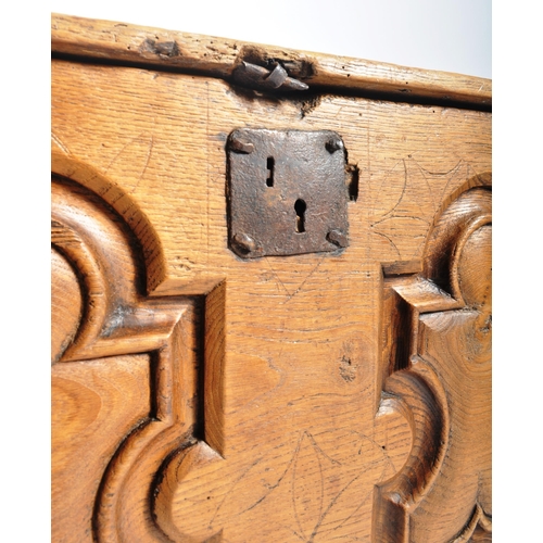 598 - A 17th century Spanish continental elm coffer blanket box chest. The trunk having hoop & clasp hinge... 