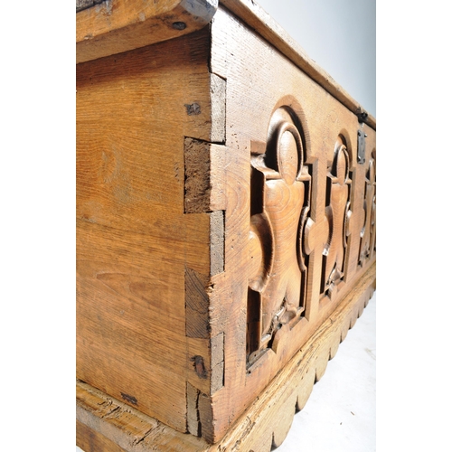 598 - A 17th century Spanish continental elm coffer blanket box chest. The trunk having hoop & clasp hinge... 