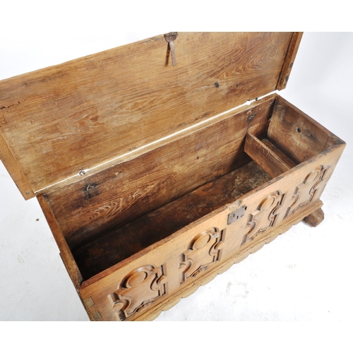 598 - A 17th century Spanish continental elm coffer blanket box chest. The trunk having hoop & clasp hinge... 