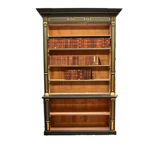 461 - A George III 19th century painted oak & pine wood open library bookcase. The bookcase having a pedim... 