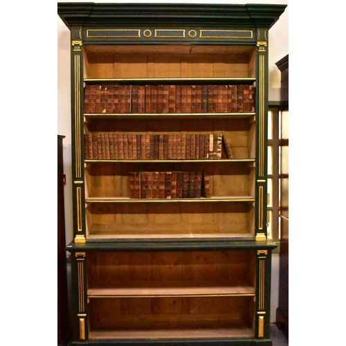 461 - A George III 19th century painted oak & pine wood open library bookcase. The bookcase having a pedim... 