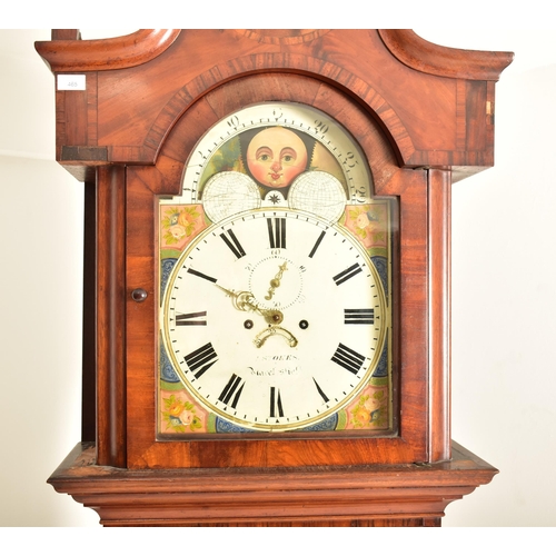 465 - A George III early 19th century flame mahogany 8 day movement moon phase longcase grandfather clock ... 