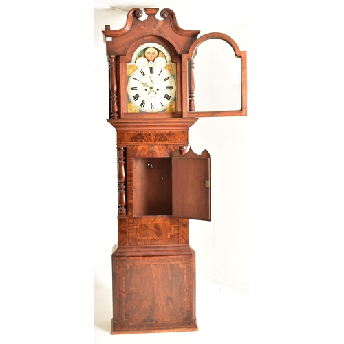 465 - A George III early 19th century flame mahogany 8 day movement moon phase longcase grandfather clock ... 