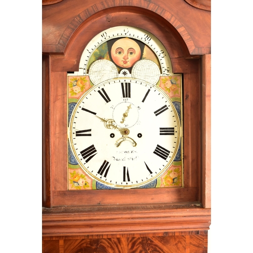 465 - A George III early 19th century flame mahogany 8 day movement moon phase longcase grandfather clock ... 