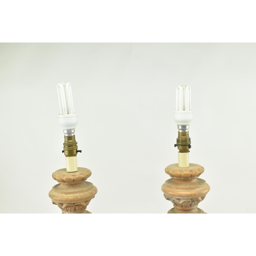 472 - A pair of Classical inspired resin wooden effect desk table lamps. Each lamp having a reeded turned ... 