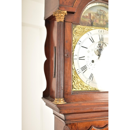 480 - A George III early 19th century flame mahogany eight day movement moonphase longcase grandfather clo... 