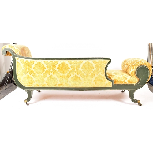 485 - An early 19th century Regency painted wood & upholstered double scroll end chaise longue. The chaise... 