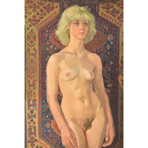 612 - Ken Symonds (1927-2010) - Kathy Standing against rug -  An original oil on board nude study painting... 