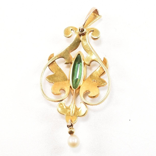 12 - An Edwardian 15ct gold, tourmaline and pearl pendant. The pendant having a central bezel set marquis... 