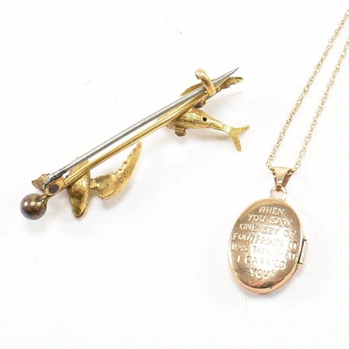 156 - A hallmarked 9ct gold locket pendant necklace together with an AF Victorian swallow brooch pin stamp... 