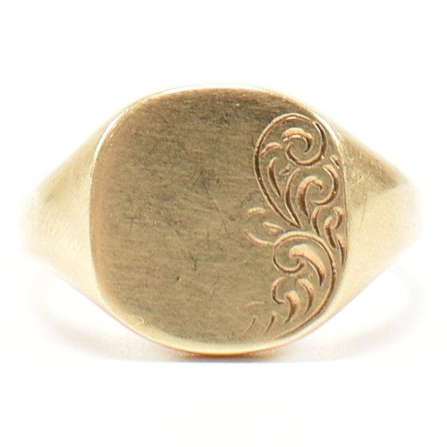 183 - A hallmarked 9ct gold signet ring. The signet ring having a chase decorated cartouche. Hallmarked fo... 