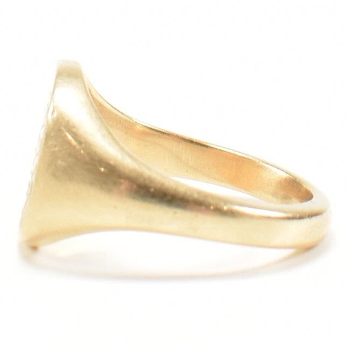 183 - A hallmarked 9ct gold signet ring. The signet ring having a chase decorated cartouche. Hallmarked fo... 