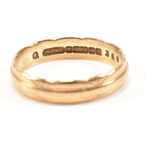 258 - A hallmarked 9ct gold band ring together with a pair of 9ct gold and sapphire pendant earrings. The ... 