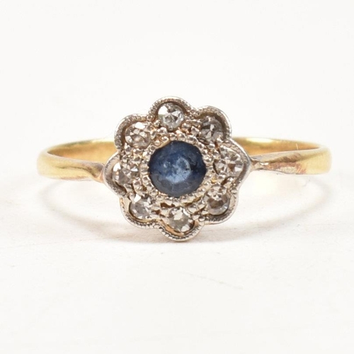 298 - A 1920s 18ct gold, sapphire and diamond cluster ring. The early 20th century ring having a central r... 