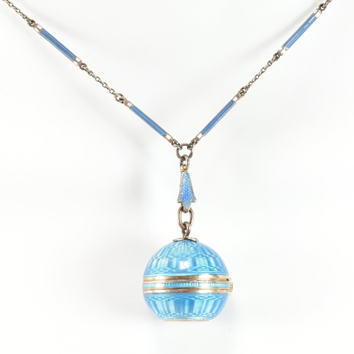 35 - An early 20th century Edwardian Swiss Plojoux  silver and enamel ball pendant watch on chain. The wa... 