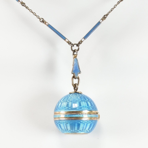 35 - An early 20th century Edwardian Swiss Plojoux  silver and enamel ball pendant watch on chain. The wa... 