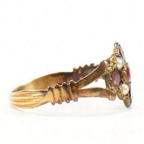 37 - A 19th century Georgian gold garnet and pearl cluster ring. The ring having flat cut garnets with be... 