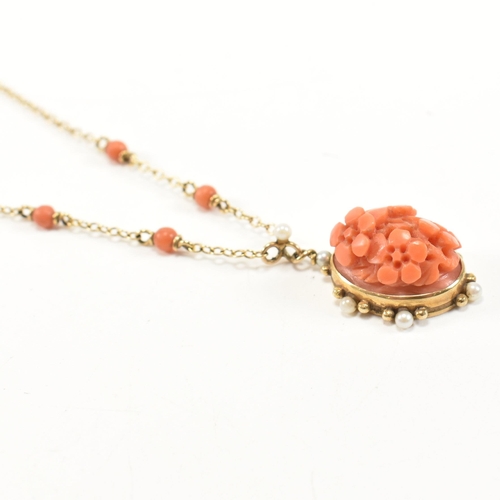 40 - A hallmarked 9ct gold, carved precious coral and pearl pendant necklace. The necklace having preciou... 