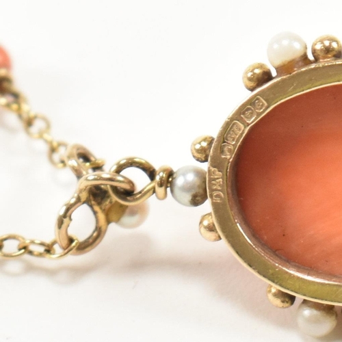 40 - A hallmarked 9ct gold, carved precious coral and pearl pendant necklace. The necklace having preciou... 