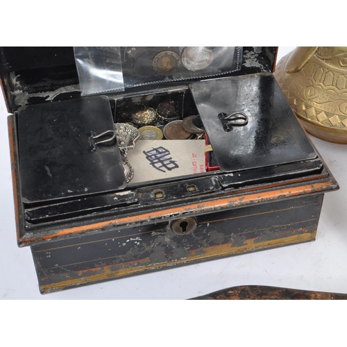 173 - Collectables miscellany. Retro cash tin with coins, medallions. Selection of badges, wristwatches (x... 