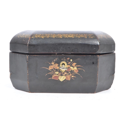 179 - A Chinese Oriental 19th century lacquered & hand painted tea caddy box. The caddy octagonal chamfere... 