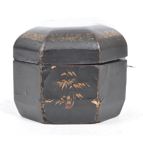 179 - A Chinese Oriental 19th century lacquered & hand painted tea caddy box. The caddy octagonal chamfere... 