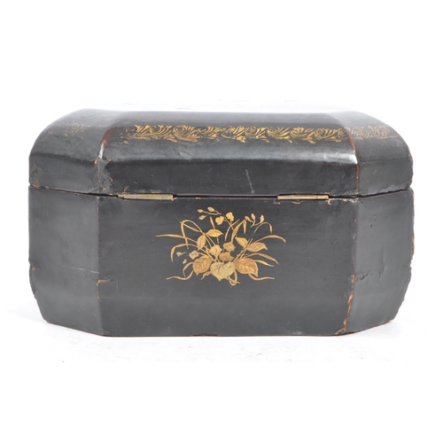 179 - A Chinese Oriental 19th century lacquered & hand painted tea caddy box. The caddy octagonal chamfere... 