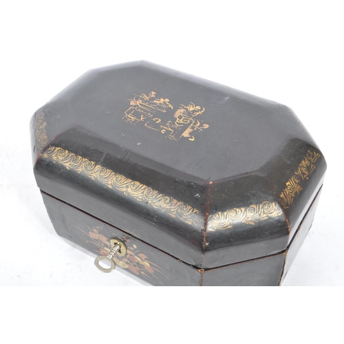 179 - A Chinese Oriental 19th century lacquered & hand painted tea caddy box. The caddy octagonal chamfere... 