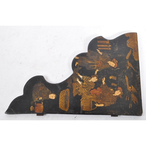 182 - A Japanese Oriental 19th century paper mache on ebonised wood folding wall shelf. The shelf having a... 