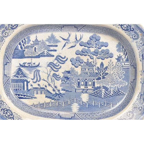 19 - A collection of 19th century stone china Staffordshire blue and white plates / platters. Having 9 pl... 