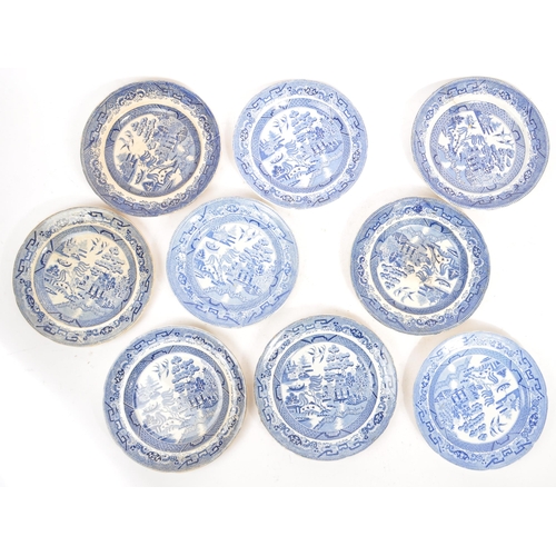 19 - A collection of 19th century stone china Staffordshire blue and white plates / platters. Having 9 pl... 