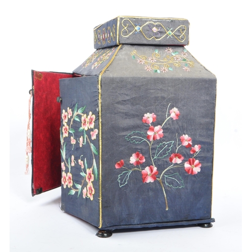 226 - A 1920s Chinese embroidered twin swing door sewing box. Having independant lidded box atop, embroide... 