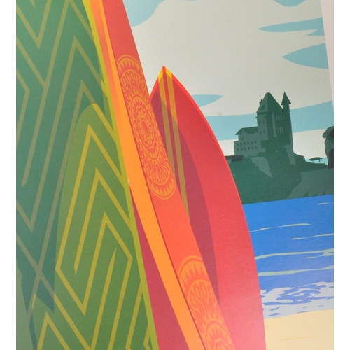 248 - An original contemporary Biarritz Cote Basque resting surfboards poster art print. Reads 'Biarritz B... 