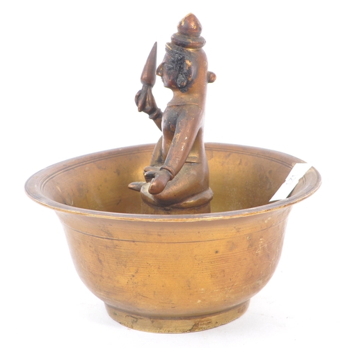 354 - An early 20th century Indian bronze bowl incense burner with sitting deity figurine to center. The f... 