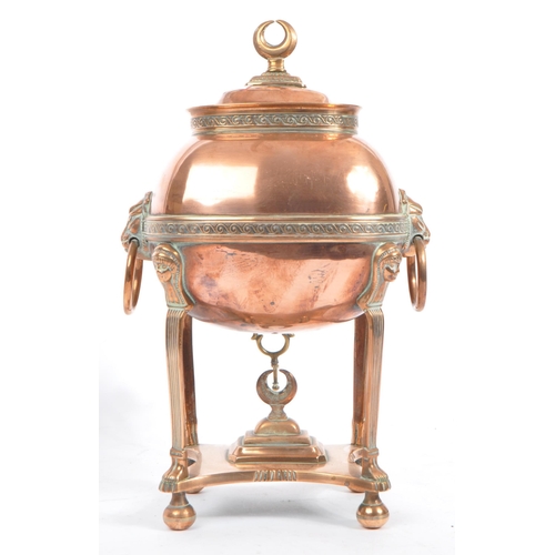 367 - An 19th century Victorian anglo Indian brass and copper samovar. Terraced base with copper finial fe... 