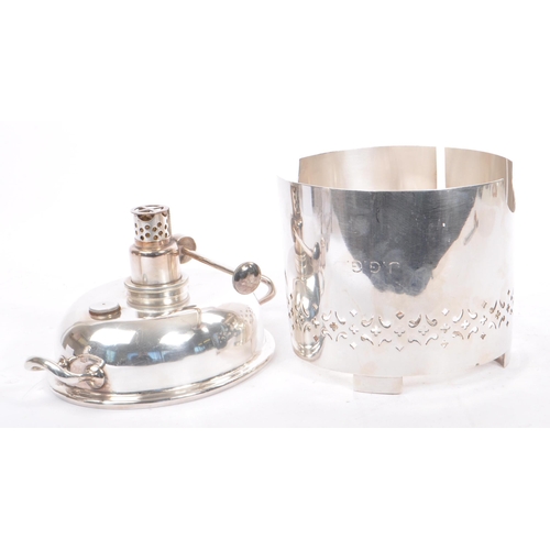 396 - An early 20th century sheffield EPNS silver plated flambe stove / burner and egg coddler. The burner... 