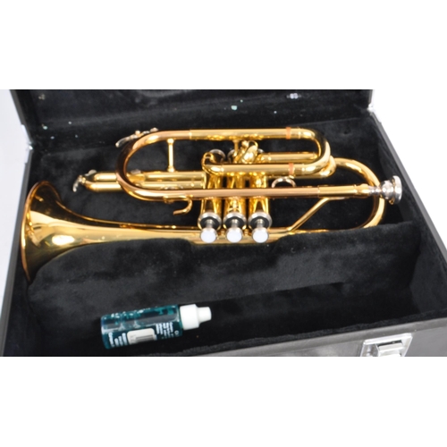 405 - A brass cornet by Yamaha the 'Dulcet with mouth-piece in black rexine vinyl covered case. Instrument... 