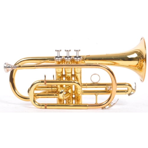 405 - A brass cornet by Yamaha the 'Dulcet with mouth-piece in black rexine vinyl covered case. Instrument... 