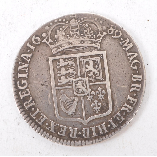 445 - A William & Mary 1689 silver half crown coin.