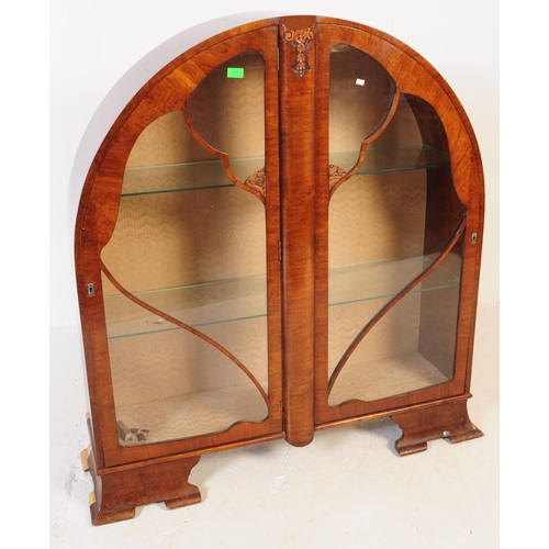 639 - A vintage 1930s Art Deco walnut veneered dome china display cabinet. Twin full length glazed doors w... 