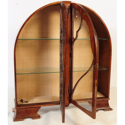 639 - A vintage 1930s Art Deco walnut veneered dome china display cabinet. Twin full length glazed doors w... 