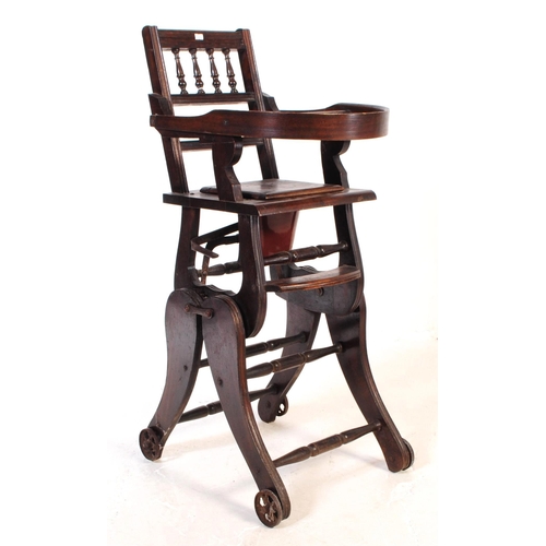 640 - A 19th century Victorian metamorphic wooden children's high chair. The chair having spindle backrest... 