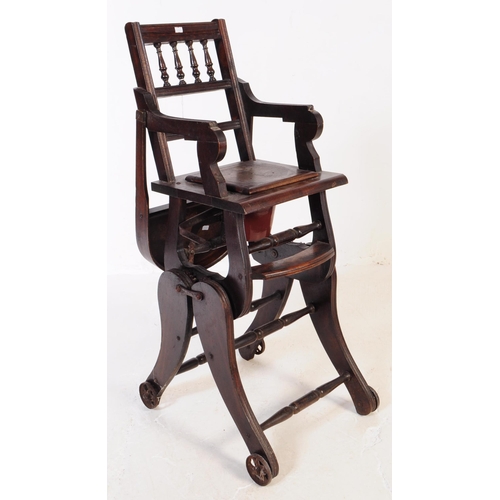 640 - A 19th century Victorian metamorphic wooden children's high chair. The chair having spindle backrest... 