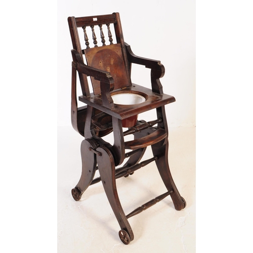 640 - A 19th century Victorian metamorphic wooden children's high chair. The chair having spindle backrest... 