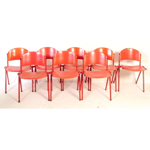 644 - Set of eight mid 20th century Dutch Scandinavian red colourway dining chairs. With curved painted be... 